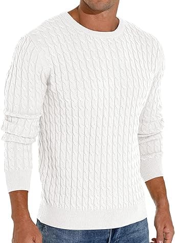 Askdeer Men's Crewneck Pullover Sweater Cable Stitch Classic Soft Knitted Sweaters with Ribbing Edge